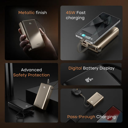 Noise Newly Launched India's 1st Power Bank 20000mAh 45W Ultra Fast Charging: Built-in Type-C Cable, Digital Battery%, Advanced Safety, Metallic Finish, Triple Output, BIS Certified (Titanium)