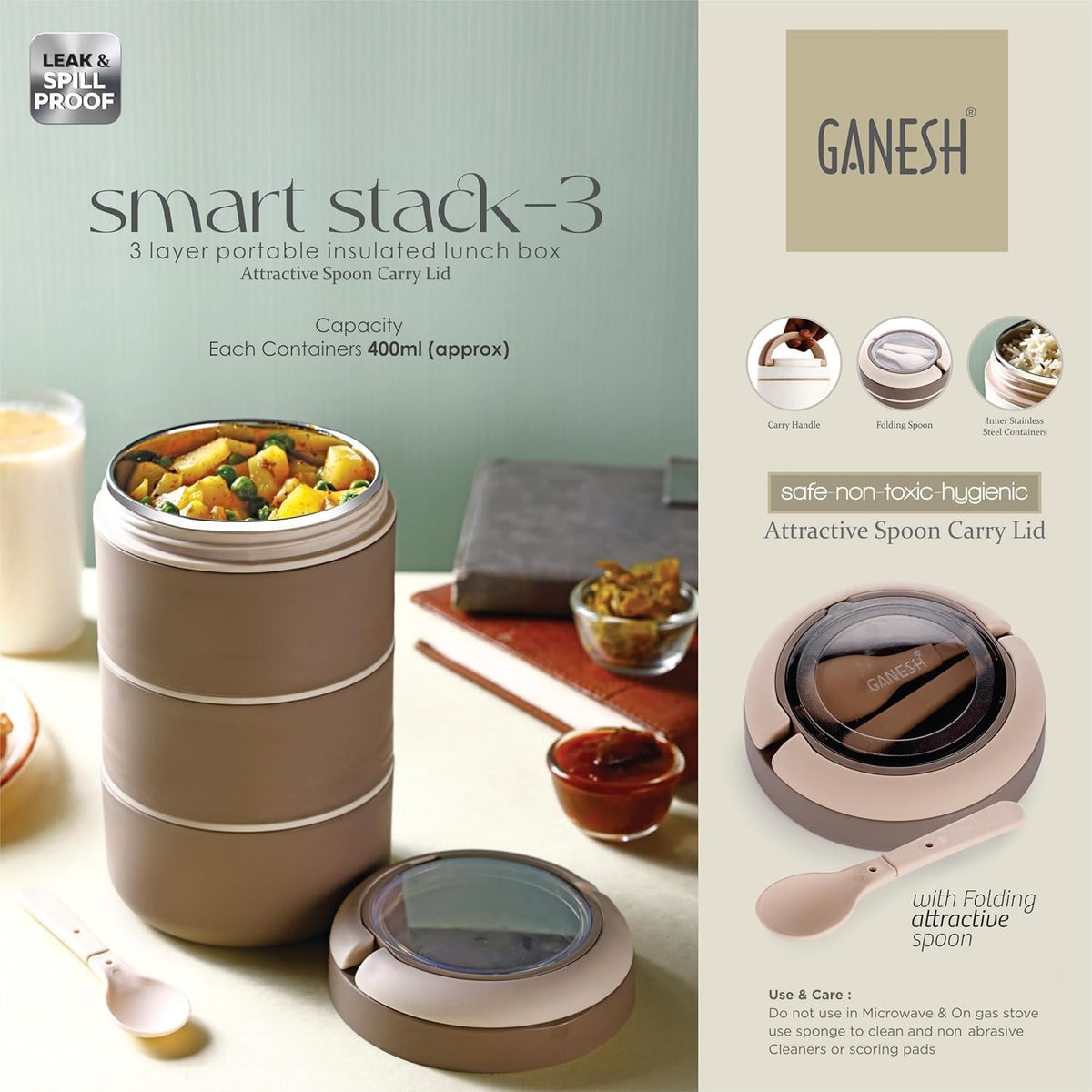 Ganesh Smart Stack 3 Layer Protable Lunch Box Stainless Steel Airtight Leak-Proof Lunch Box for Office, School, Picnic -Brown, 1200 Milliliters