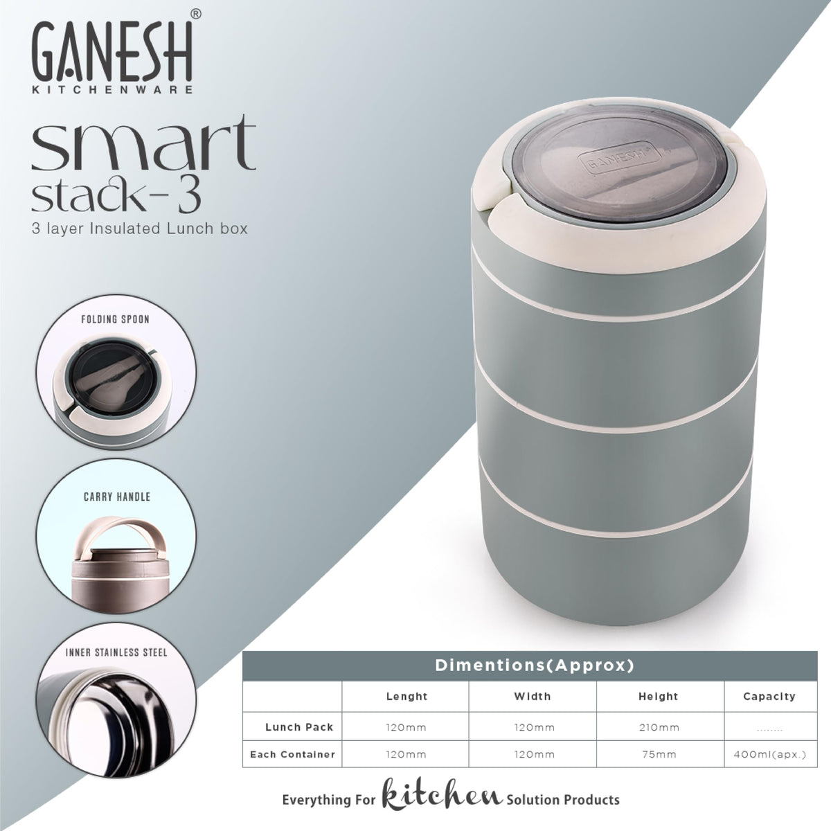 Ganesh Smart Stack 3 Layer Protable Lunch Box Stainless Steel Airtight Leak-Proof Lunch Box for Office, School, Picnic -Brown, 1200 Milliliters