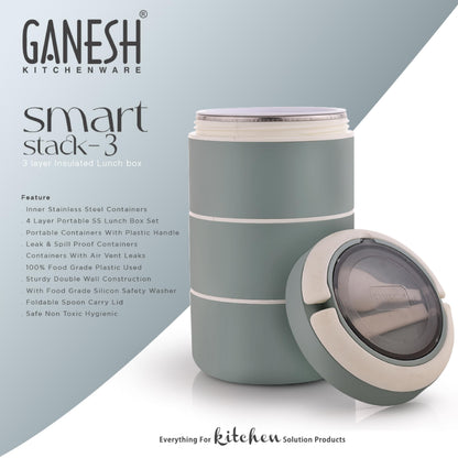 Ganesh Smart Stack 3 Layer Protable Lunch Box Stainless Steel Airtight Leak-Proof Lunch Box for Office, School, Picnic -Brown, 1200 Milliliters
