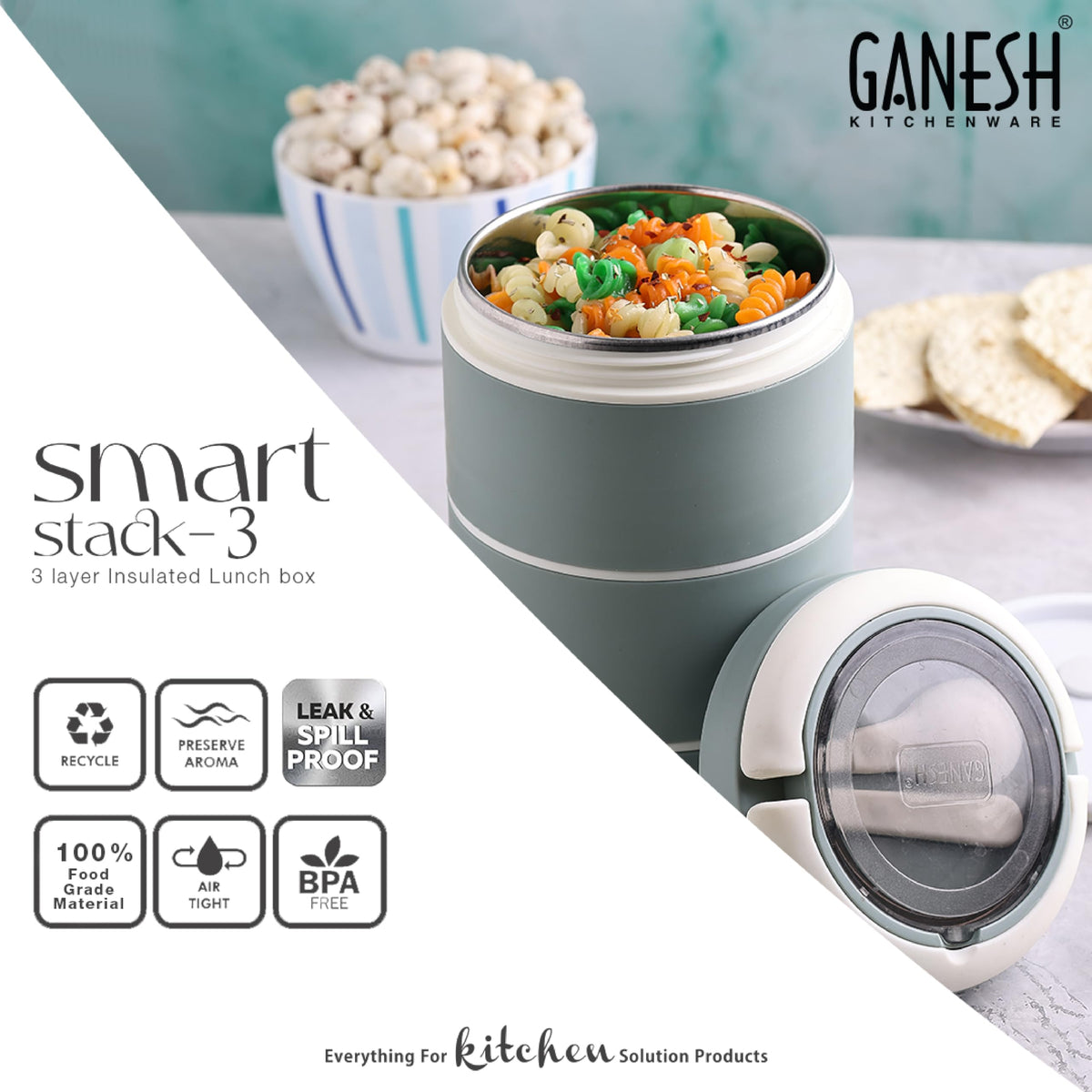 Ganesh Smart Stack 3 Layer Protable Lunch Box Stainless Steel Airtight Leak-Proof Lunch Box for Office, School, Picnic -Brown, 1200 Milliliters